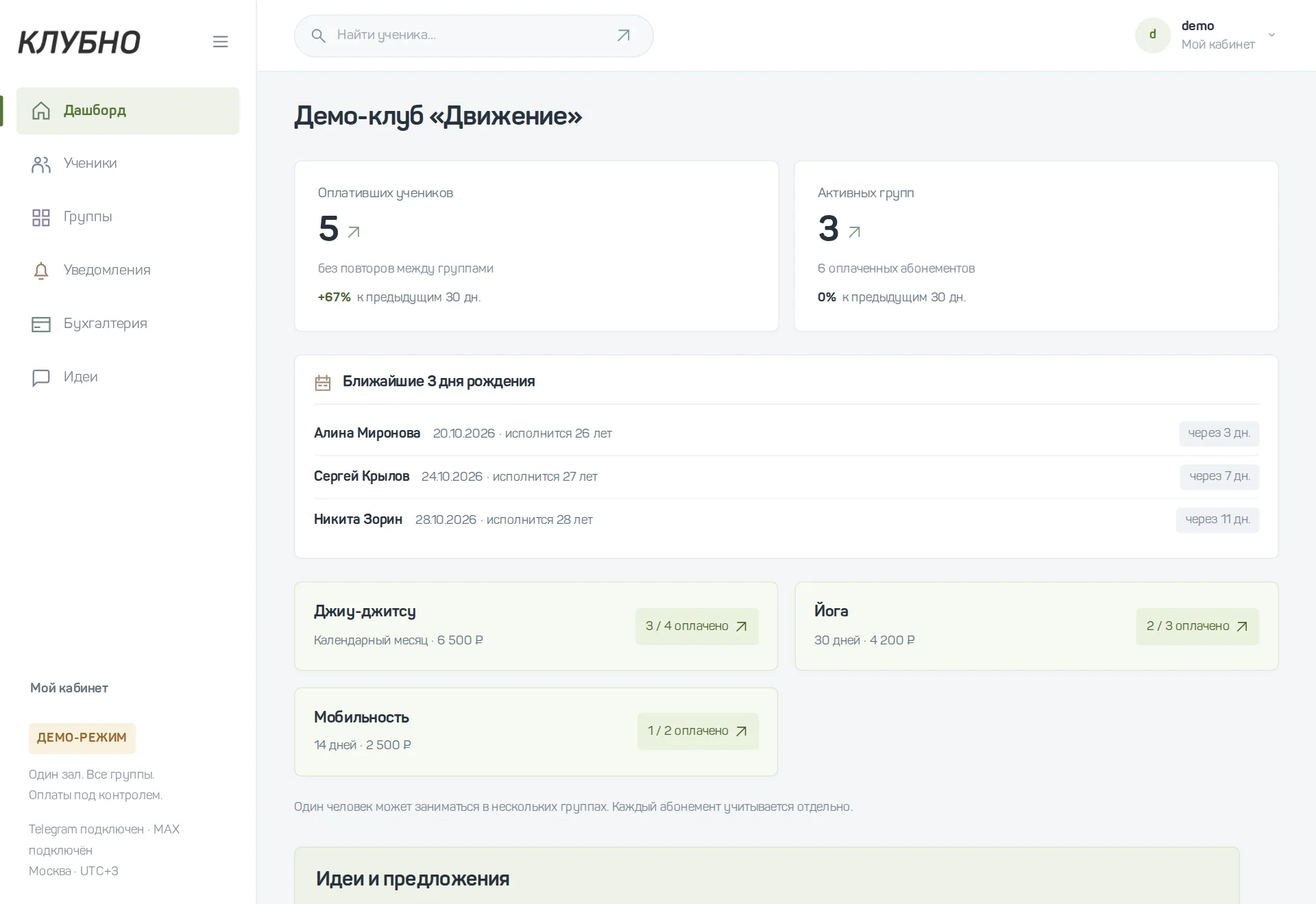 Дашборд демо-клуба: оплаченные ученики, группы и дни рождения